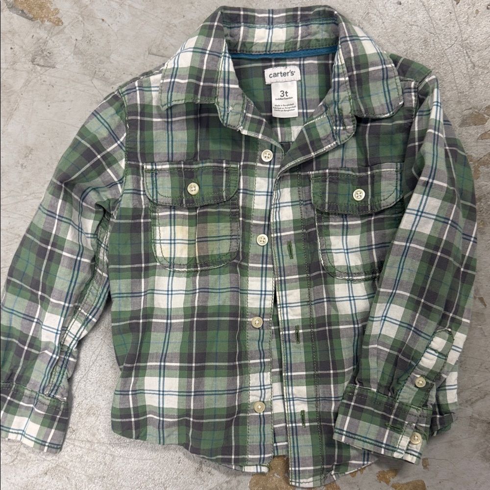 Carter's Kids Plaid Button-Down Shirt - Green and White 3T Long Sleeve Boys